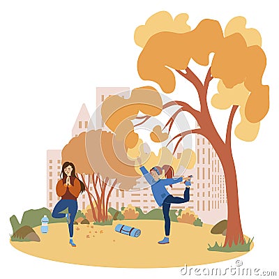 Women doing yoga in the autumn park Vector Illustration