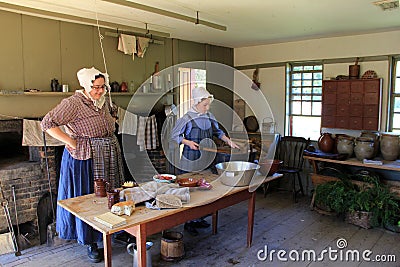 Women dressed as Pilgrims,demonstrating life in the kitchen,Old Sturbridge Village,Sturbridge Mass,September 2014 Editorial Stock Photo