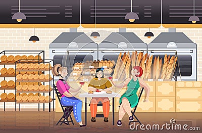 Women drinking coffe in bakery friends discussing during breakfast restaurant interior Vector Illustration