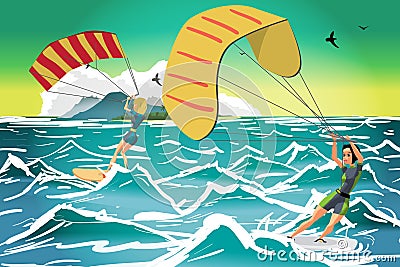 Women drive at kite surfing. Girls windsurfing on water surface Vector Illustration