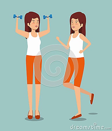 Women with dumbbells and running to health exercise Vector Illustration