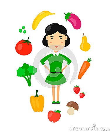 Women eat nature organic vegetarian healthy food concept. Flat vector cartoon character icon illustration. Diet, healthy eating an Vector Illustration