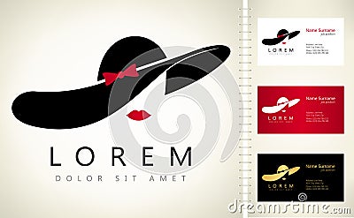 Women elegant hat with bow for ladies and lips logo Vector Illustration