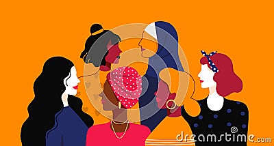 Women empowerment. Cartoon people of different nationalities and religions. Female power community, sisterhood union Vector Illustration