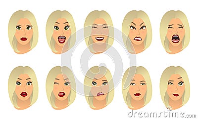 Women facial expressions, gestures, emotions happiness surprise disgust sadness rapture disappointment fear surprise joy Vector Illustration