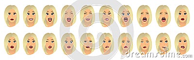 Women facial expressions, gestures, emotions happiness surprise disgust sadness rapture disappointment fear surprise joy Vector Illustration