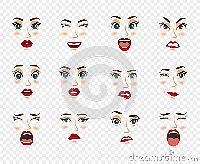 Comic emotions. Women facial expressions, gestures, emotions happiness surprise disgust sadness rapture disappointment Vector Illustration