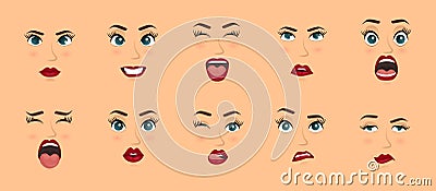 Women facial expressions, gestures, emotions happiness surprise disgust sadness rapture disappointment fear surprise joy Vector Illustration