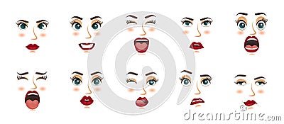 Women facial expressions, gestures, emotions happiness surprise disgust sadness rapture disappointment fear surprise joy Vector Illustration