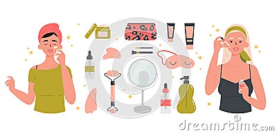 Girls with various cosmetics and accessories. Vector Illustration