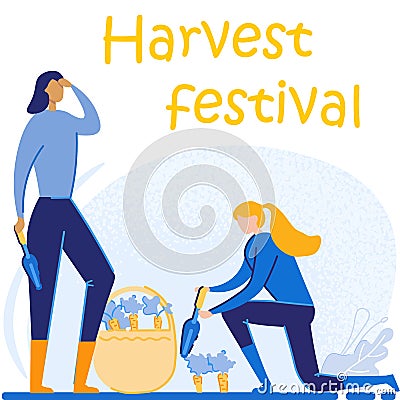 Women Farmers Pick Up Carrot for Harvest Festival Vector Illustration