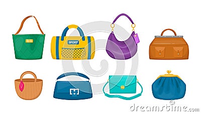 Lady accessories bag clutch, hobo, tablet, hippie, sling bag, sports, Vector Illustration