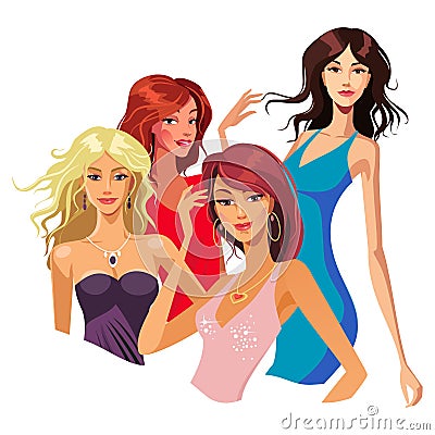 Beautiful models in evening dresses. Isolated vector illustration Vector Illustration