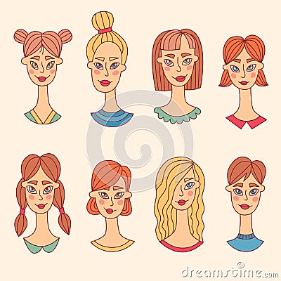 Women females doodle portraits avatars vector set Vector Illustration