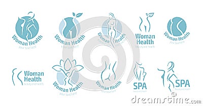 Women fitness logo icon. Sports, health, spa, yoga, beauty vector logo. Woman silhouette logo. Diet logo. Spa salon logo Vector Illustration