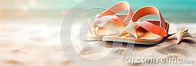 Women flip- flops on the sand on sea shore with starfish. Beach vacation concept. Created with generative Ai Stock Photo