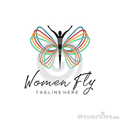 Women fly rainbow logo and icon design Vector Illustration