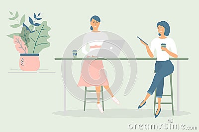 Women friends or colleagues sitting at desk in modern office or cafe,working at notebook and tablet,have coffee, talking.Effective Vector Illustration