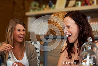 Women friends, laughing and talk in cafe for reunion, thinking and happy with drink together for memory. Girl, coffee Stock Photo