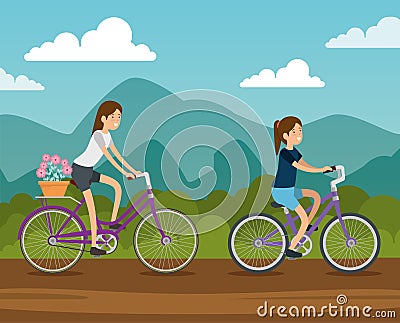 Women friends ride bicycle vehicle Vector Illustration