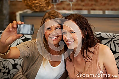 Women friends, selfie and happy in cafe for reunion, web blog and smile together for memory on internet. Girl, coffee Stock Photo