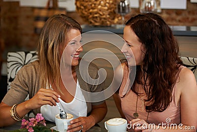 Women friends, smile and talk in cafe for reunion, thinking or happy with drink together for memory. Girl, coffee shop Stock Photo