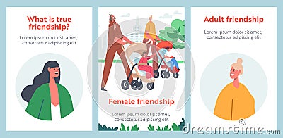 Women Friendship Cartoon Banners. Moms with Babies in Prams and Strollers. Characters Walk With Their Infant Children Vector Illustration