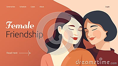 Women friendship concept in flat vector design. Lesbian female couple hugging as metaphor of empathy and support. Girls in love ot Vector Illustration