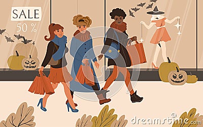 Women friendship shopping at the Halloween Vector Illustration