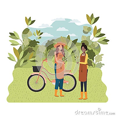 Women gardeners with landscape and bicycle Vector Illustration