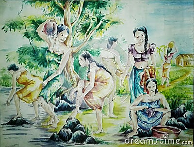 Village Women and girls are bathing in the river stream near the jungle. life of the village women Cartoon Illustration