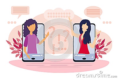 Two friends women gossip and secretly spread private news. Whispers on the phone and discuss rumors Vector Illustration