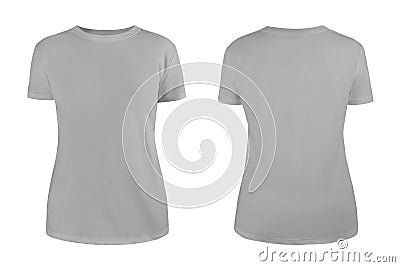 Women grey blank T-shirt template,from two sides, natural shape on invisible mannequin, for your design mockup for print, isolated Stock Photo