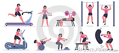 Women at gym. Female sport fitness character, workout girl run, pull up and squat, training exercise at sport gym vector Vector Illustration