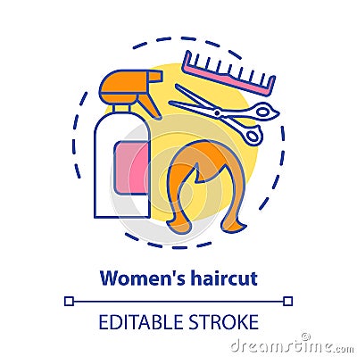 Women haircut concept icon. Hair care and treatment products. Hairstyling idea thin line illustration. Hairdresser salon Vector Illustration