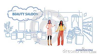 Women hairdressers near armchair modern beauty saloon interior hairdressing room female workers full length sketch flow Vector Illustration