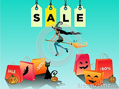 Women Halloween sale, discount with a beautiful blackskin witch flying on a broomstick. Vector illustration EPS 10 Vector Illustration