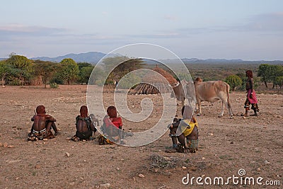 Women from the Hamar tribe during the bull jumping ceremony Editorial Stock Photo