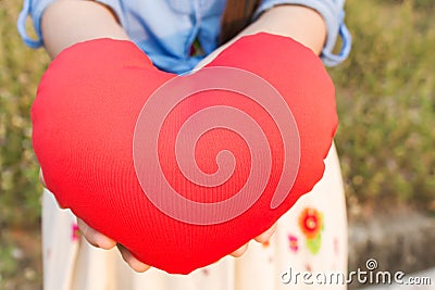 Women hand gently hold red heart with love, careness and restpect with copy sapce Stock Photo