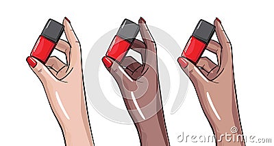 Women hand holding nail polish bottle, manicre artist illustration. Beauty salon clipart vector , nail cover remover, base coat, Vector Illustration