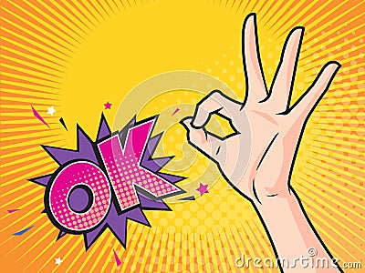 Women hand okay gesture action with WOW Vector Illustration