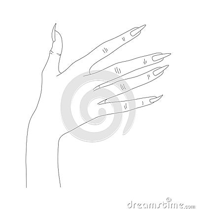 Women Hand in Thin Line Art. Minimalistic and Elegant Hand-Drawn Manicure Design for Female Beauty Vector Illustration