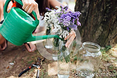 Women hand watering flowers Stock Photo