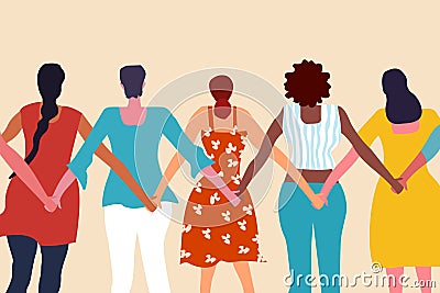 Multi ethnic women facing back with their hands holding together. Vector Illustration