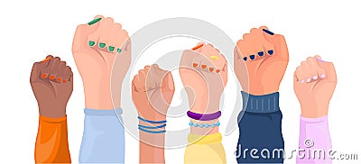 Women hands with different skin color. Girl power poster. Set. Hands with different trappings. Feminism, race equality, tolerance Stock Photo