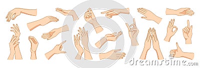 Women hands gestures. Female arms trendy poses. Abstract graphic elements for cosmetic and advertising. Ladies palms Vector Illustration