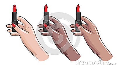 Women hands with red nails holding lipstick, Makeup salon advertising. Beauty clipart in vector Vector Illustration