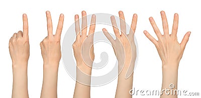 Women hands show the number one two three four five, on white background Stock Photo