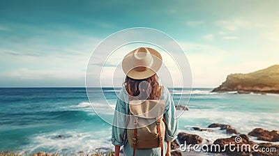 A women with hat and backpack overlooking sea with mountains by the side Stock Photo