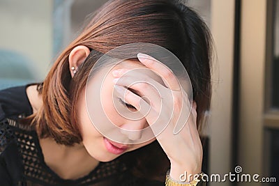Women having headache, migraine, hangover, insomnia. Stock Photo
